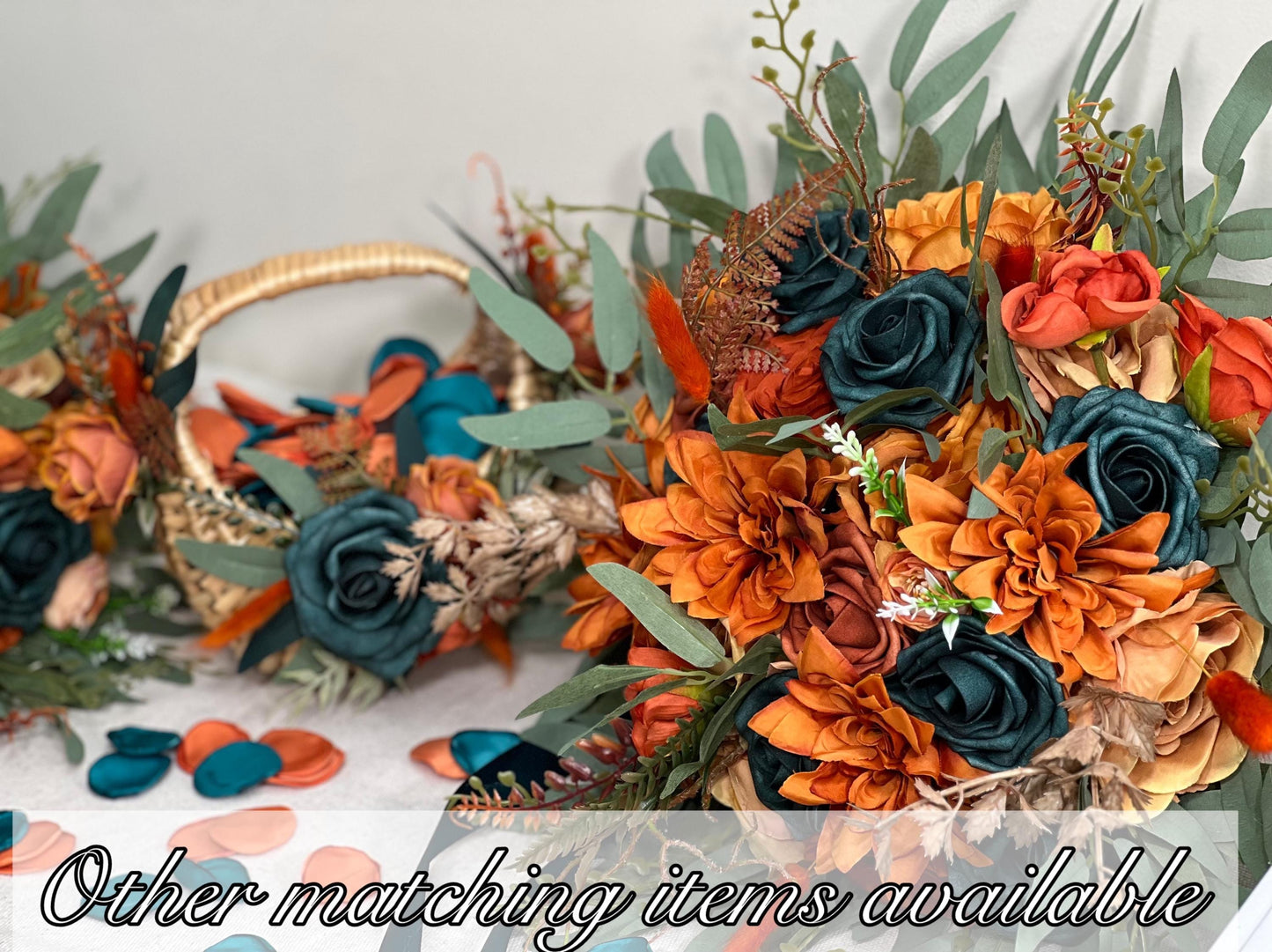 Flower Girl Basket Wedding Dark Teal Orange Burnt Fall Ceremony Artificial Flower Terracotta Teal Blue Rustic Flower Girl Basket for Petals