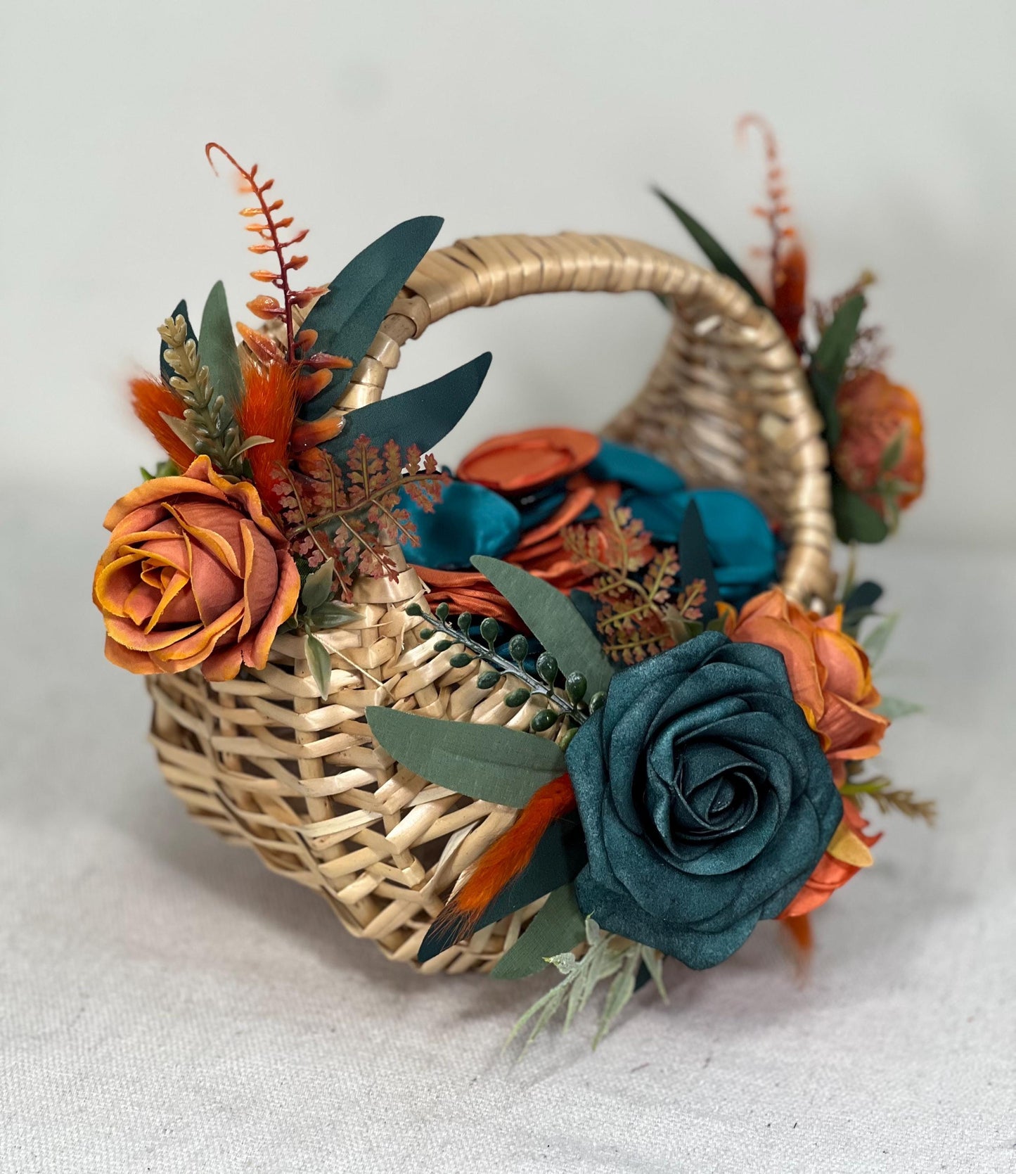 Flower Girl Basket Wedding Dark Teal Orange Burnt Fall Ceremony Artificial Flower Terracotta Teal Blue Rustic Flower Girl Basket for Petals