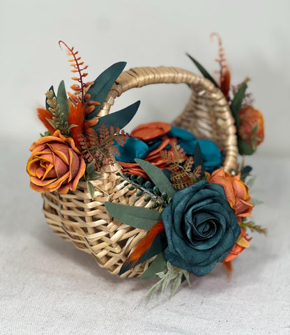 Flower Girl Basket Wedding Dark Teal Orange Burnt Fall Ceremony Artificial Flower Terracotta Teal Blue Rustic Flower Girl Basket for Petals