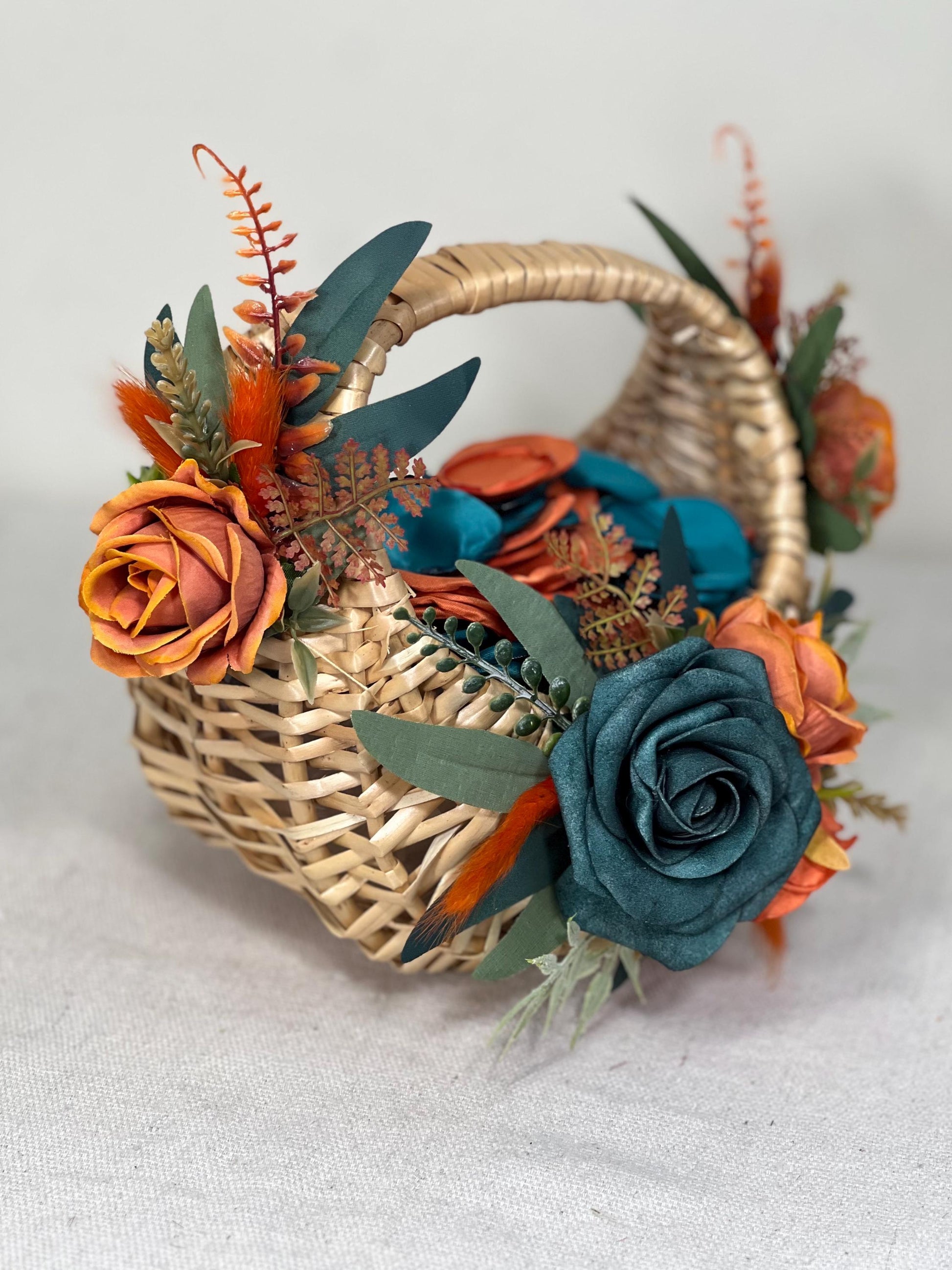 Flower Girl Basket Wedding Dark Teal Orange Burnt Fall Ceremony Artificial Flower Terracotta Teal Blue Rustic Flower Girl Basket for Petals