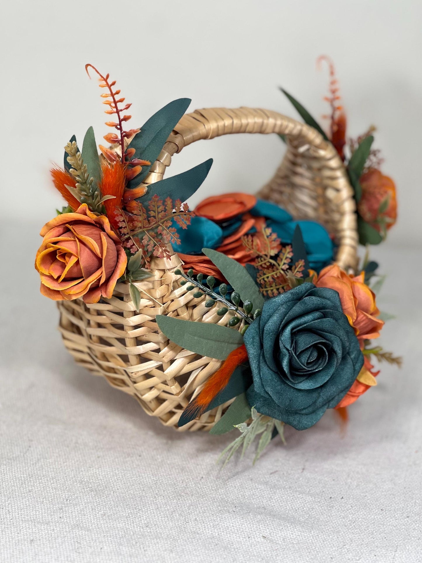 Flower Girl Basket Wedding Dark Teal Orange Burnt Fall Ceremony Artificial Flower Terracotta Teal Blue Rustic Flower Girl Basket for Petals
