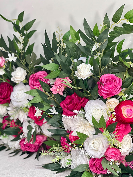 Set of 2 Hot Pink Aisle Marker Wedding White Fuchsia Floor Arrangement Barrel Decor Ivory Ground Eucalyptus Ranunculus Artiricial Magenta