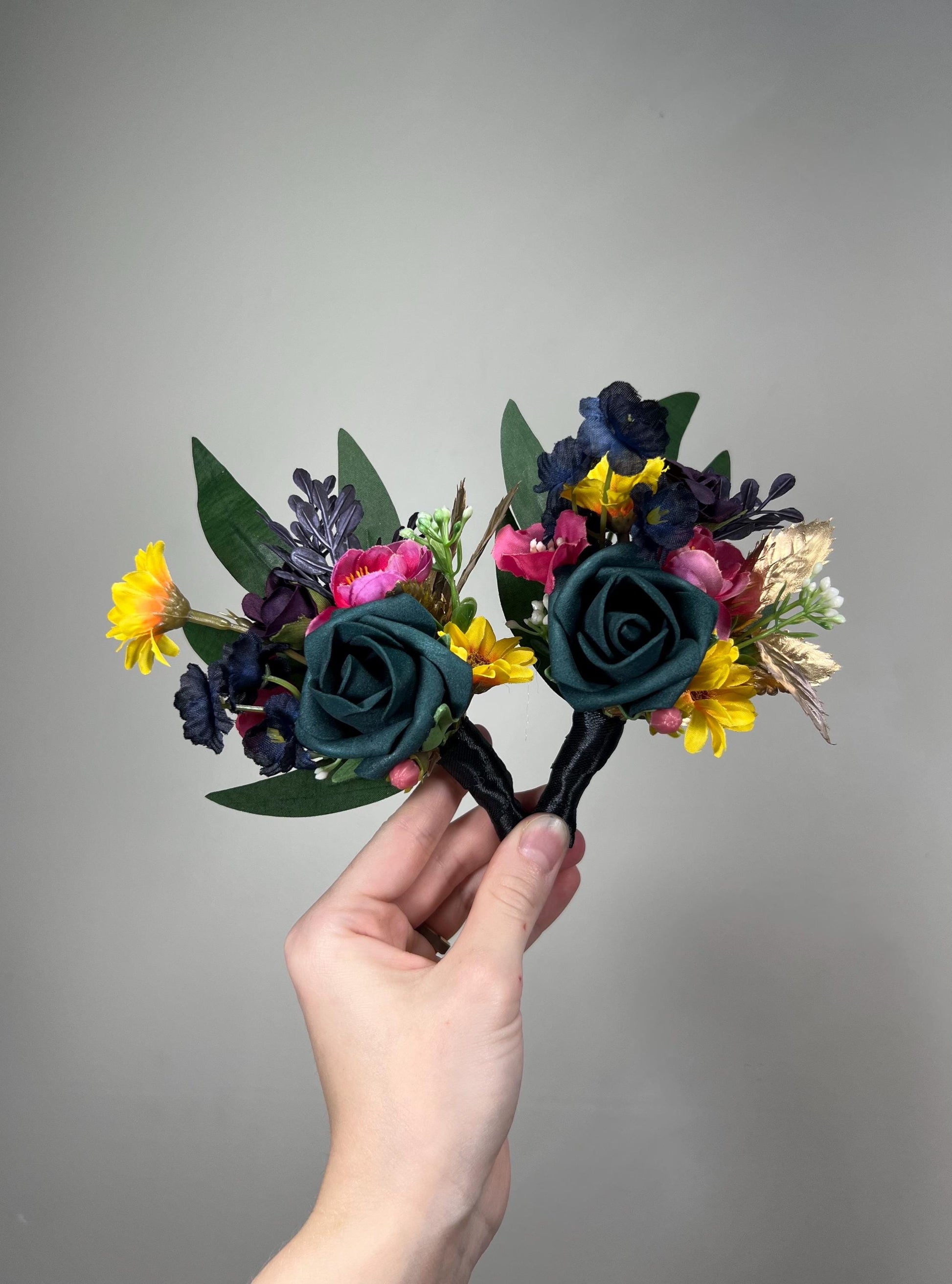 Jewel Tones Bouquet Wedding Bridal Plum Navy Blue Dark Teal Bridesmaids Bouquet Gold Magenta Dark Purple Yellow Sunflowers Artificial
