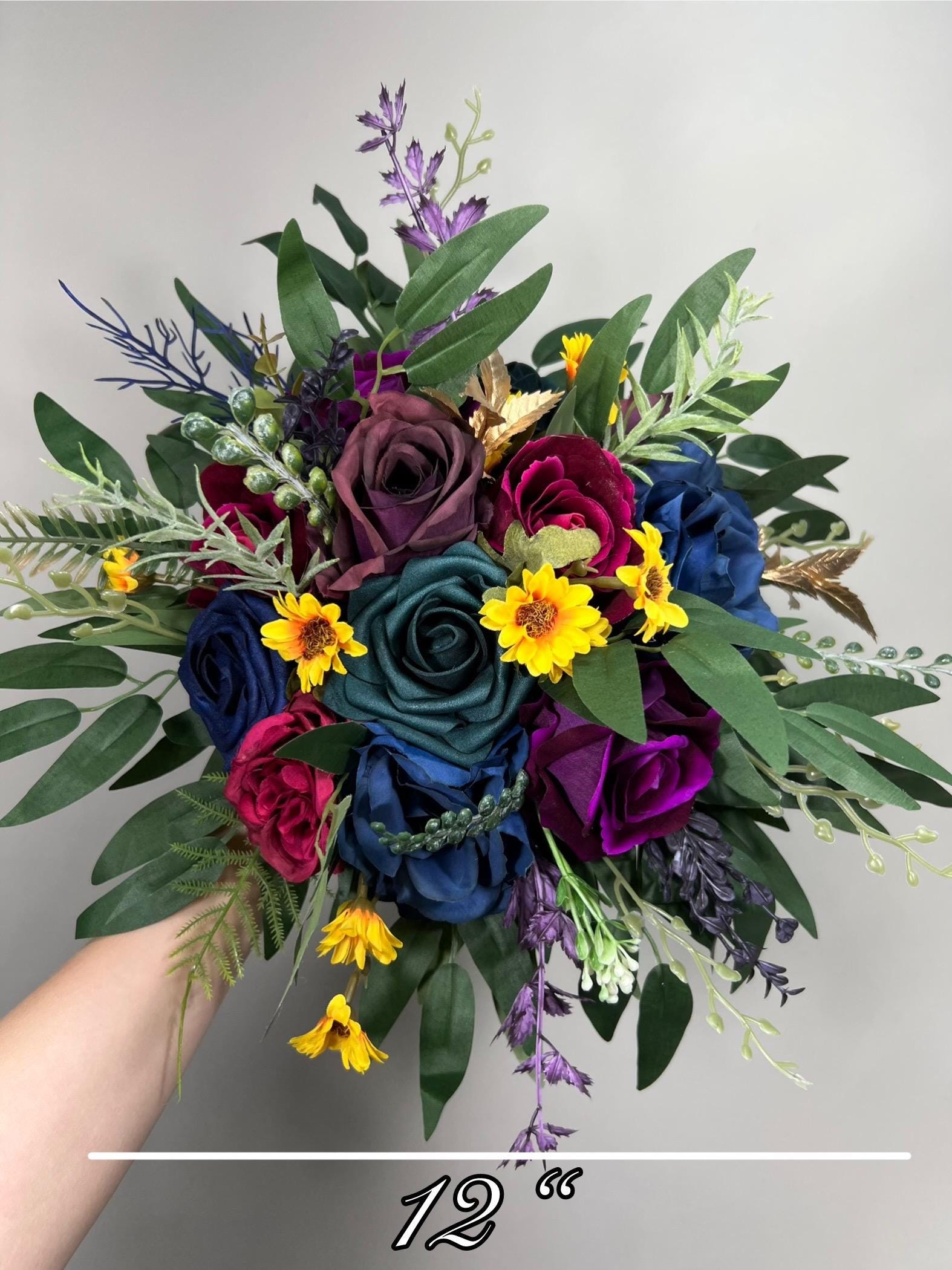 Jewel Tones Bouquet Wedding Bridal Plum Navy Blue Dark Teal Bridesmaids Bouquet Gold Magenta Dark Purple Yellow Sunflowers Artificial