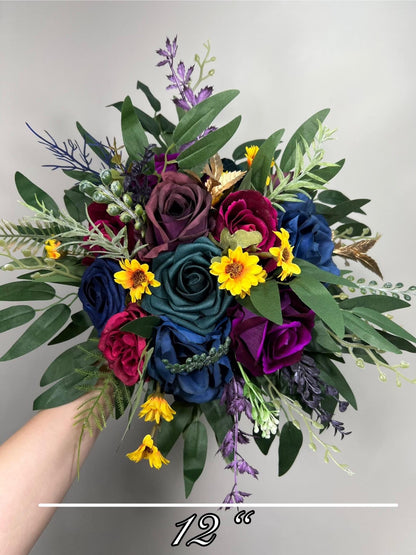 Jewel Tones Bouquet Wedding Bridal Plum Navy Blue Dark Teal Bridesmaids Bouquet Gold Magenta Dark Purple Yellow Sunflowers Artificial