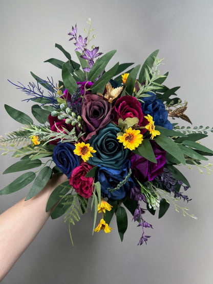 Jewel Tones Bouquet Wedding Bridal Plum Navy Blue Dark Teal Bridesmaids Bouquet Gold Magenta Dark Purple Yellow Sunflowers Artificial