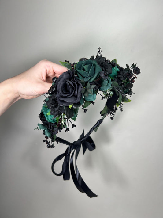Black Dark Green Flower Crown Wedding Emerald Green Floral HeadBand Gothic Hunter Green Forest Black Flower Girl Crown Artificial Flower
