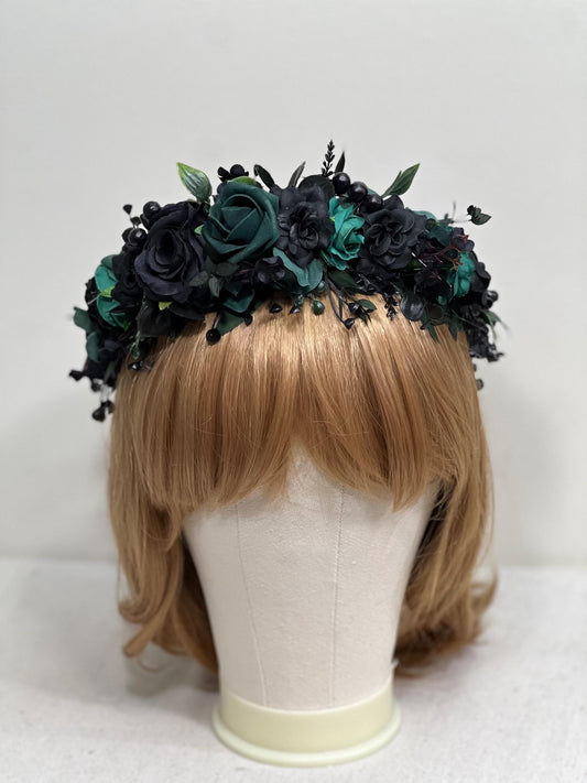 Black Dark Green Flower Crown Wedding Emerald Green Floral HeadBand Gothic Hunter Green Forest Black Flower Girl Crown Artificial Flower