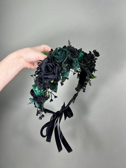 Black Dark Green Flower Crown Wedding Emerald Green Floral HeadBand Gothic Hunter Green Forest Black Flower Girl Crown Artificial Flower