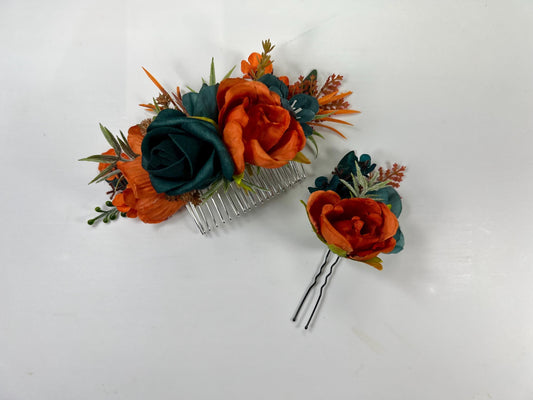 Teal Orange Hair Comb Wedding Dark Teal Terracotta Hair Floral Comb Artificial Flower Bridal Accessories Teal Blue Rust Burnt Orange