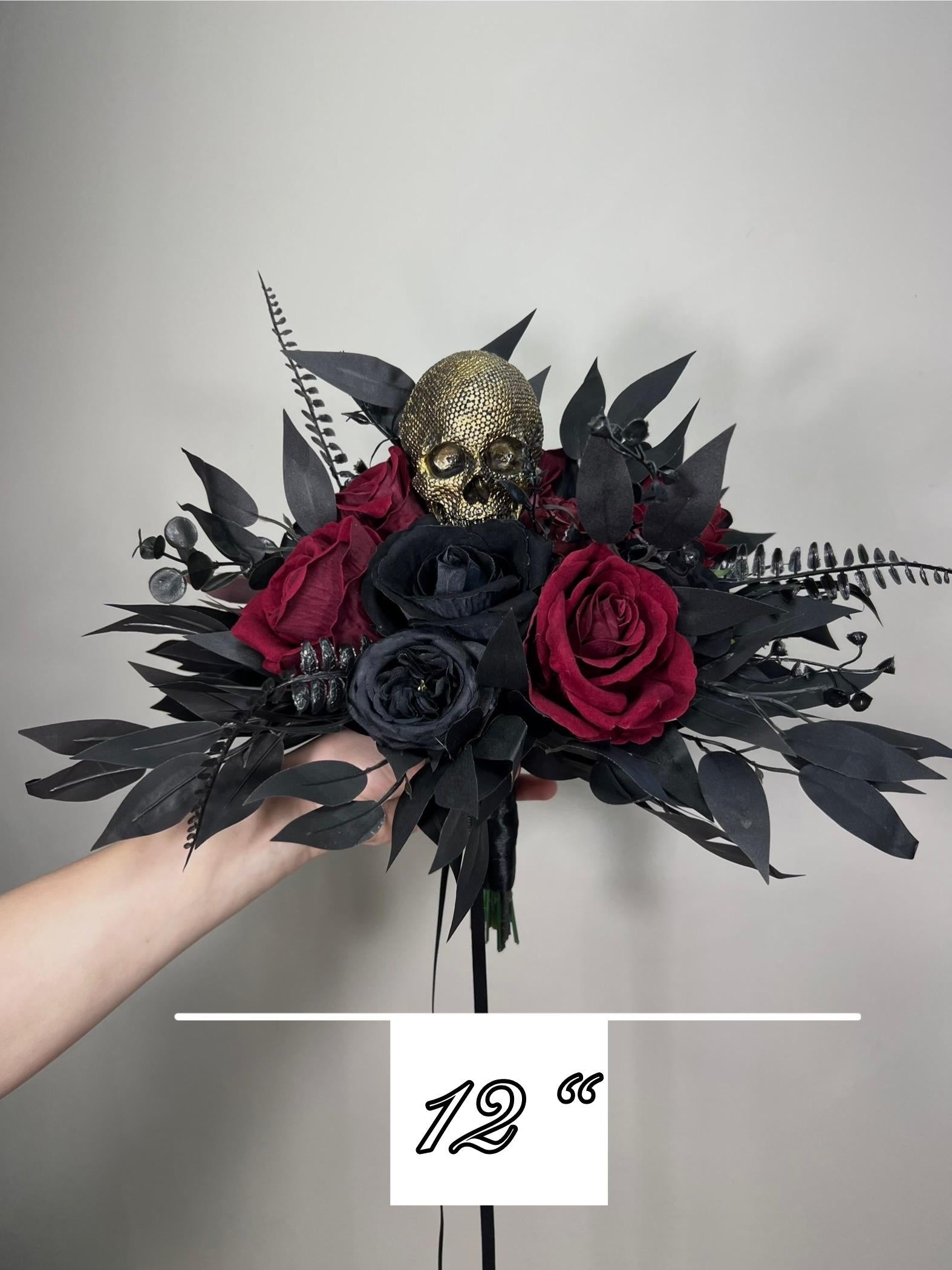 Wedding Bouquet Black Burgundy Skull Bridal Gothic Halloween Bouquet Bridesmaids Black Skull Spooky Maroon Bouquet Artiricial Flowers