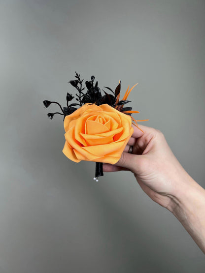 Black and Orange Corsage Wedding Pumpkin Square Boutonniere Pocket Groom Burnt Orange Artificial Flowers