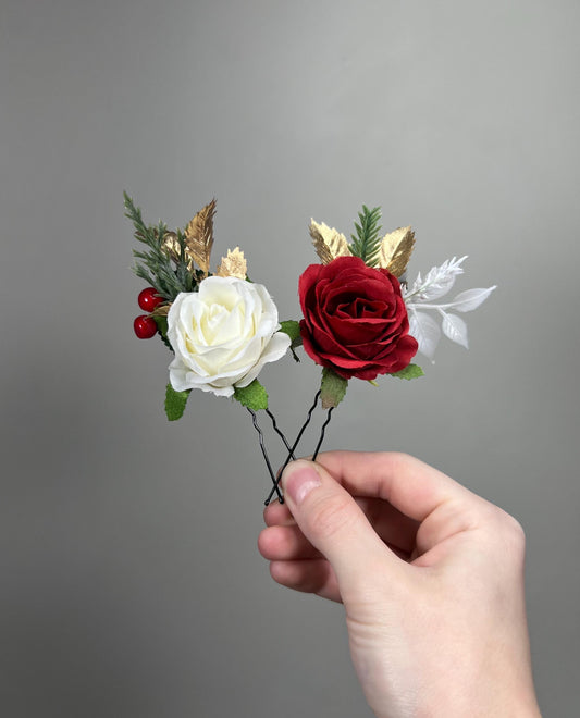 Christmas Hair Pin Wedding White Red Gold Hairpiece Pine Cone Winter Artificial Flowers Dark Red Bridesmaids Hair Accessories Flower Girl