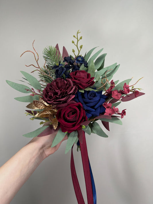 Burgundy Navy Blue Pew Decor Flower Wedding Dark Blue Maroon Gold Chair Decor Aisle Marker Winter Pine Tree Eucalyptus Artiticial Flower