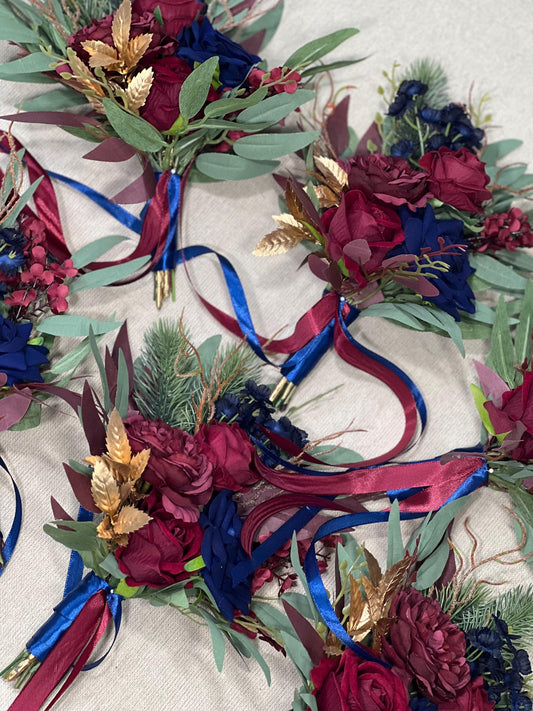 Burgundy Navy Blue Pew Decor Flower Wedding Dark Blue Maroon Gold Chair Decor Aisle Marker Winter Pine Tree Eucalyptus Artiticial Flower