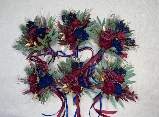 Burgundy Navy Blue Pew Decor Flower Wedding Dark Blue Maroon Gold Chair Decor Aisle Marker Winter Pine Tree Eucalyptus Artiticial Flower