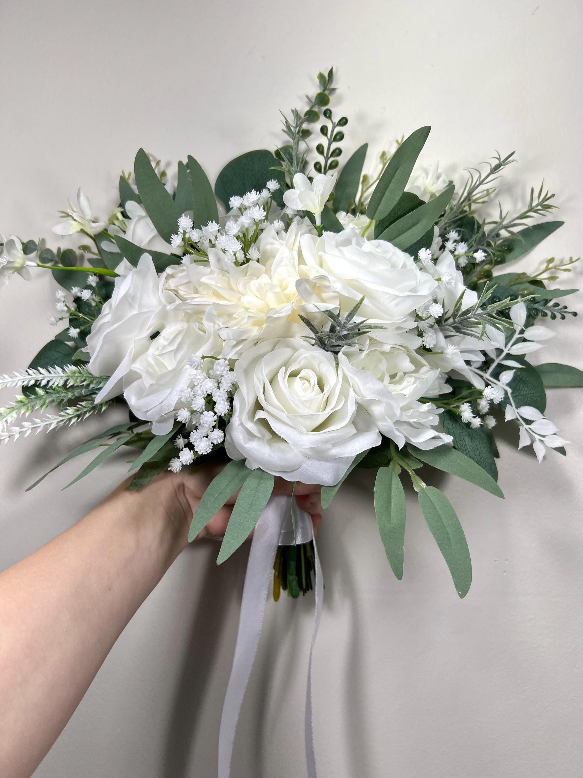White Bouquet Wedding Baby Breath Bridal Bouquet Greenery Ivory Rose Bouquet Sage Green Bridesmaids Eucalyptus Artiricial Flowers Silk