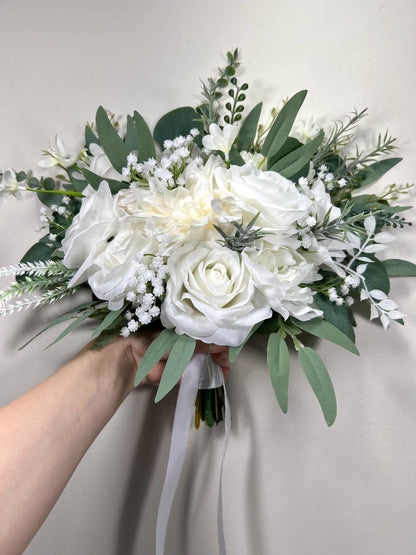 White Bouquet Wedding Baby Breath Bridal Bouquet Greenery Ivory Rose Bouquet Sage Green Bridesmaids Eucalyptus Artiricial Flowers Silk