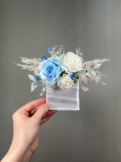 Blue White Pocket Boutonnière Wedding Groom Boho Square Boutonniere Baby Breath Groomsmen Pocket Boutonniere Sky Blue Ivory Artificial