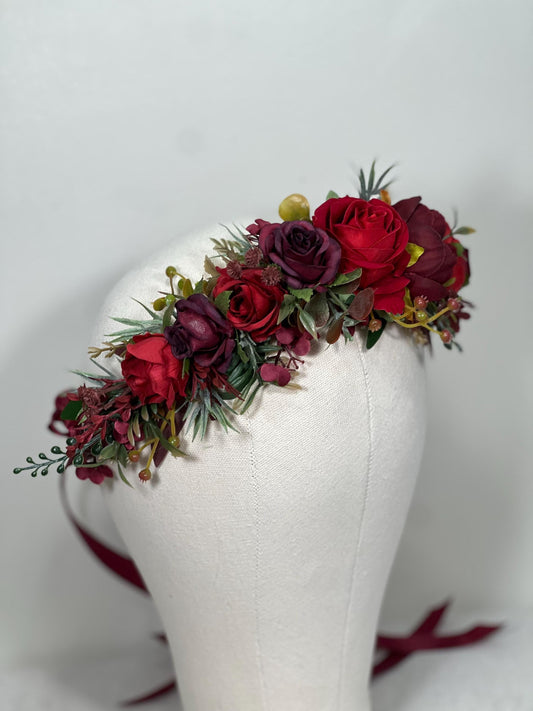 Red Flower Crown Wedding Dark Red Bridal Bridesmaids Floral Crown Artificial Flowers Burgundy Wine Red Hair Crown Flower Girl Headpiece