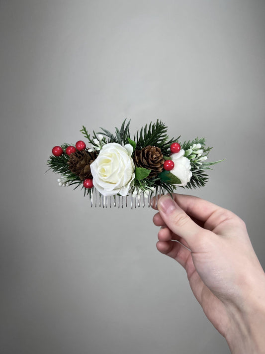 White Hair Comb Christmas Wedding Pine Cone Headpiece Floral Artiticial Pine Tree Winter Hair Comb Bridal Accessories Bridesmaids Ivory
