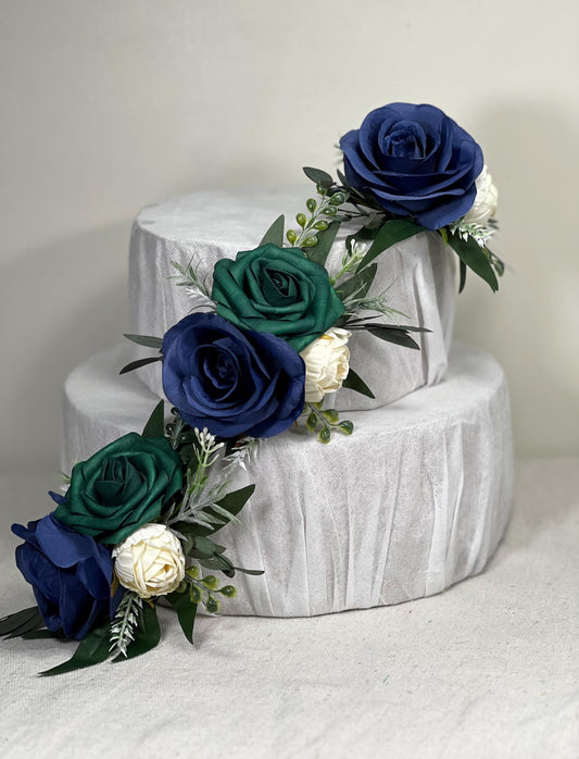 Navy Blue Green Cake Decor Wedding Emerald Green Ivory Eucalyptus Cake Flowers Artificial Cake Topper Will Flowers Dark Blue Forest Green