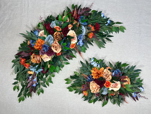 Burgundy Terracotta Arch Arrangement Wedding Rustic Burnt Orange Dusty Blue Arbor Arrangement Flowers Artificial Rust Maroon Eucalyptus