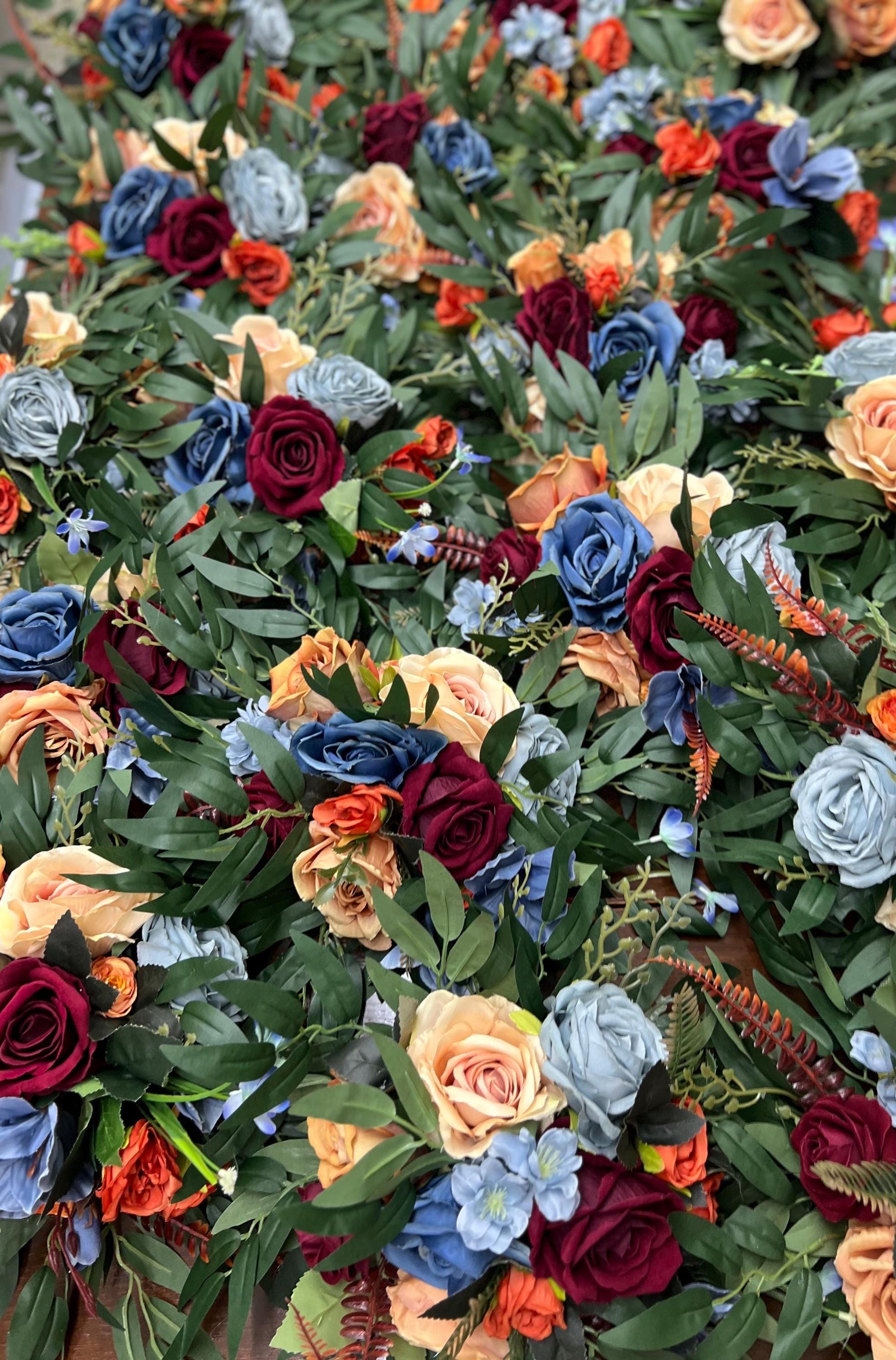 Burgundy Terracotta Arch Arrangement Wedding Rustic Burnt Orange Dusty Blue Arbor Arrangement Flowers Artificial Rust Maroon Eucalyptus