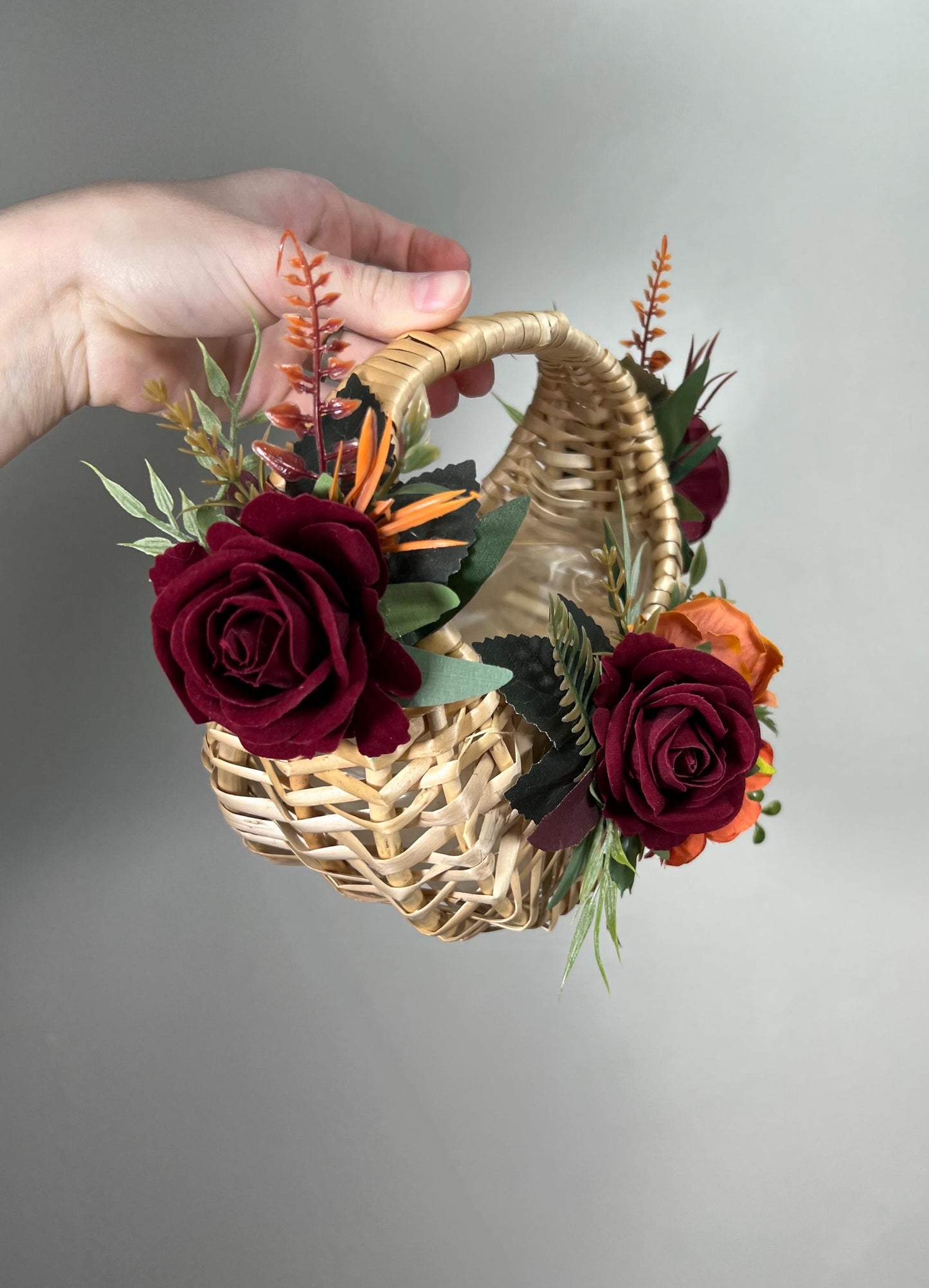 Burgundy Orange Flower Girl Basket Wedding Terracotta Wine Red Maroon Boho Flower Girl Woven Rattan Basket for Petals Rust Artificial Flower