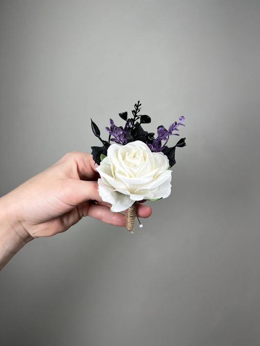 White Plum Pocket Boutonniere Wedding Groom Boutonnière White Dark Purple Square Groomsmen Pocket Boutonniere Black Plum Gothic Boutonniere