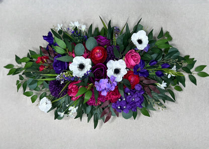Jewel Tones Arch Arrangements Wedding Purple Magenta Burgundy Ranunculus Arbor Arrangement Wild Flowers Deep Purple Vibrant White Anemone