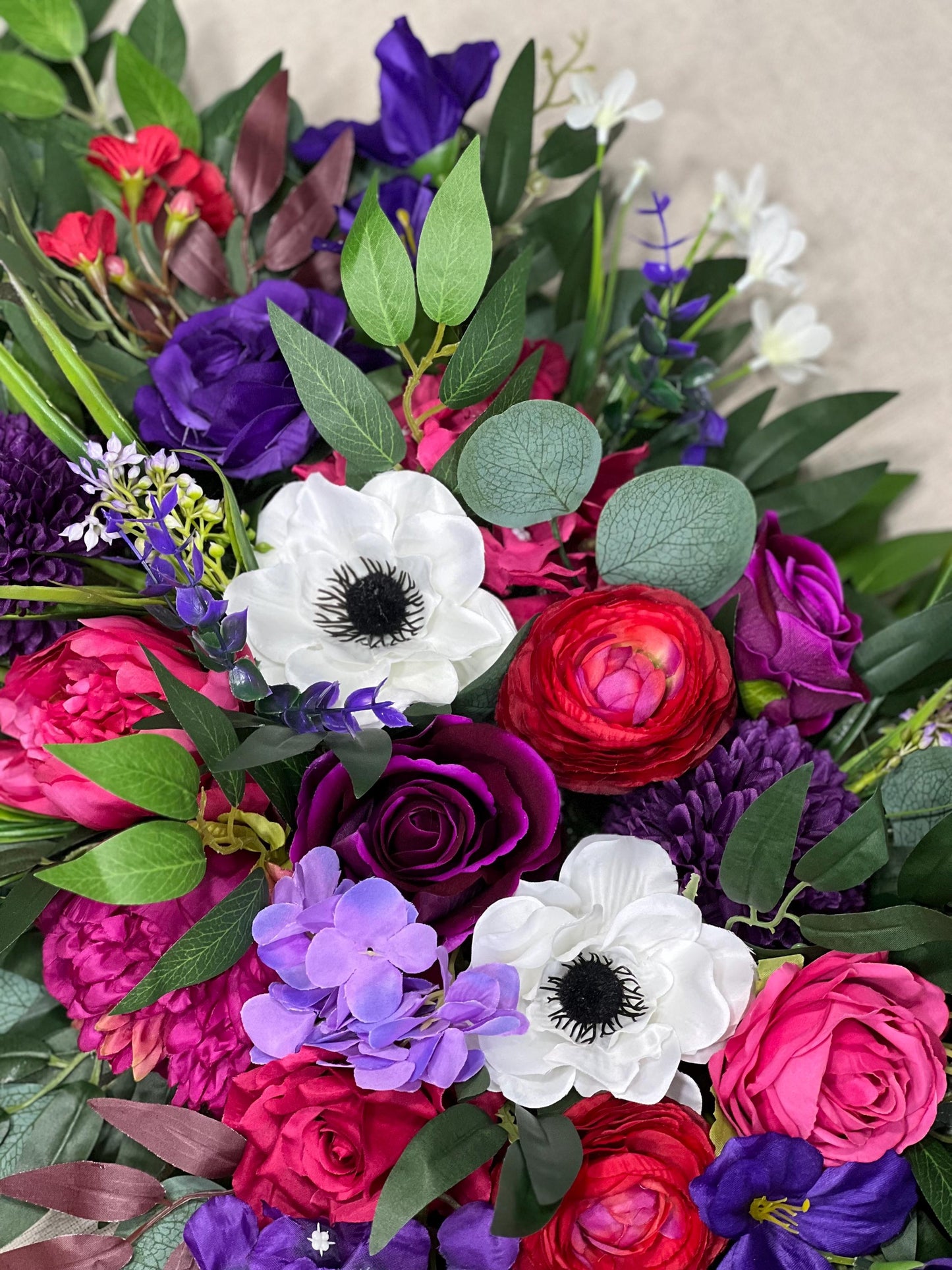 Jewel Tones Arch Arrangements Wedding Purple Magenta Burgundy Ranunculus Arbor Arrangement Wild Flowers Deep Purple Vibrant White Anemone