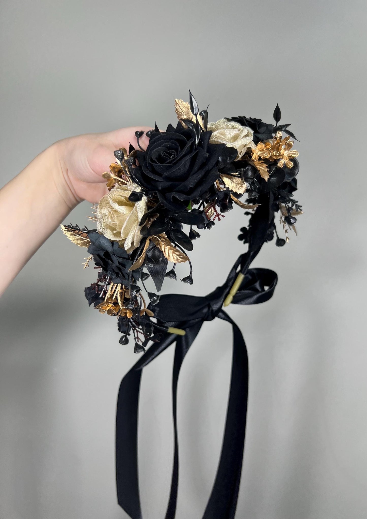 Black Flower Crown Gold Wedding Crown Gothic Floral Headband Flower Adult Crown Black Flower Girl Wreath Gold Crown Children Hair