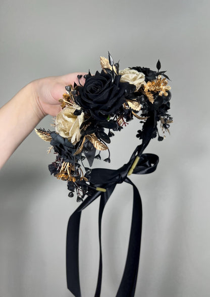 Black Flower Crown Gold Wedding Crown Gothic Floral Headband Flower Adult Crown Black Flower Girl Wreath Gold Crown Children Hair