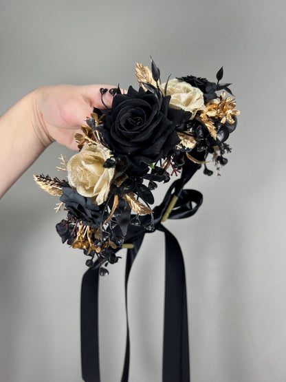 Black Flower Crown Gold Wedding Crown Gothic Floral Headband Flower Adult Crown Black Flower Girl Wreath Gold Crown Children Hair