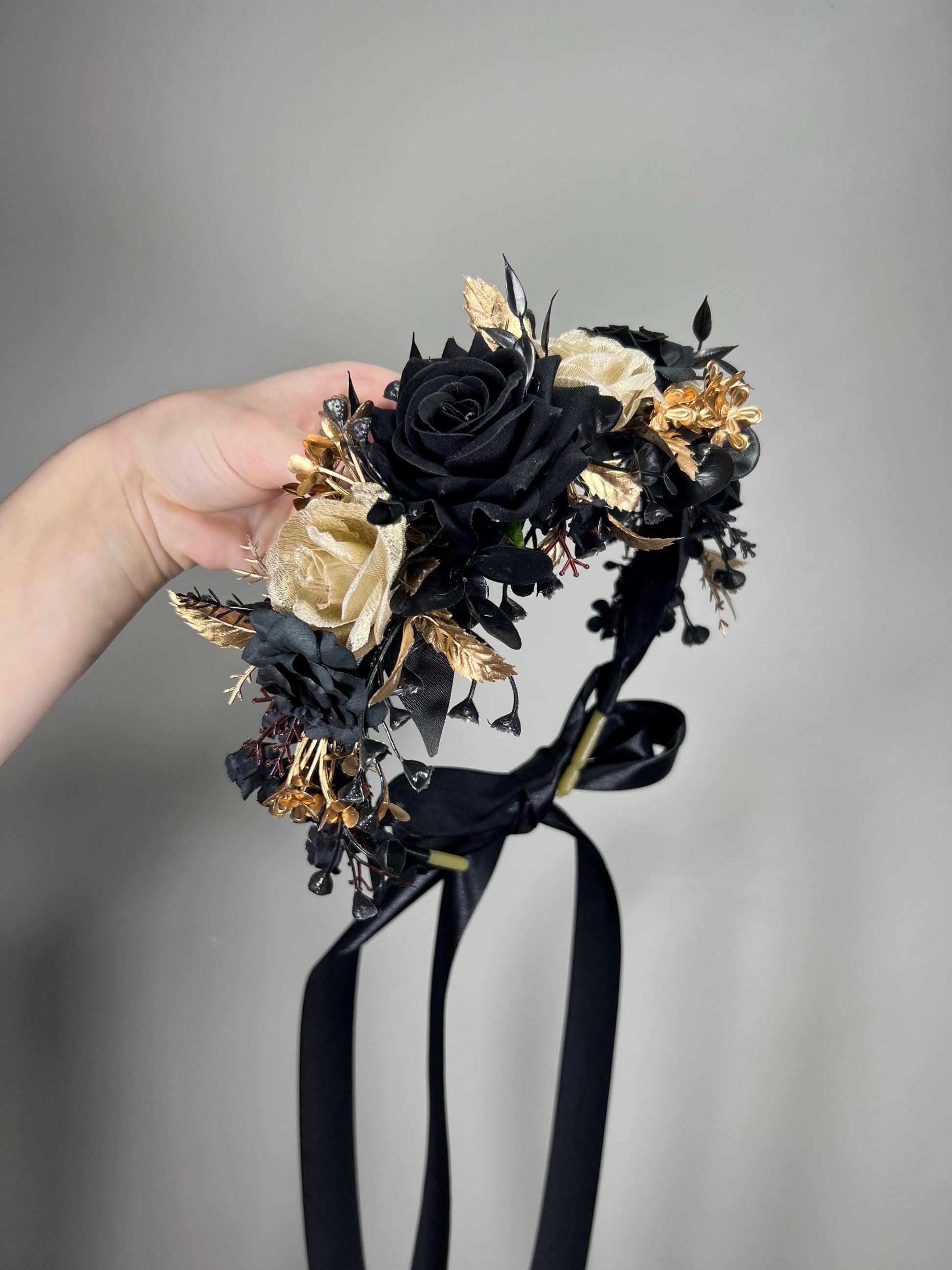 Black Flower Crown Gold Wedding Crown Gothic Floral Headband Flower Adult Crown Black Flower Girl Wreath Gold Crown Children Hair