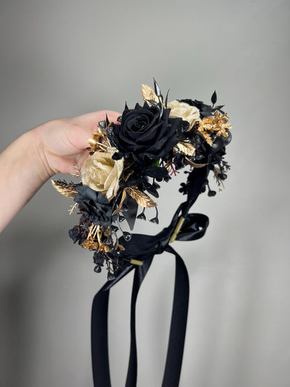 Black Flower Crown Gold Wedding Crown Gothic Floral Headband Flower Adult Crown Black Flower Girl Wreath Gold Crown Children Hair