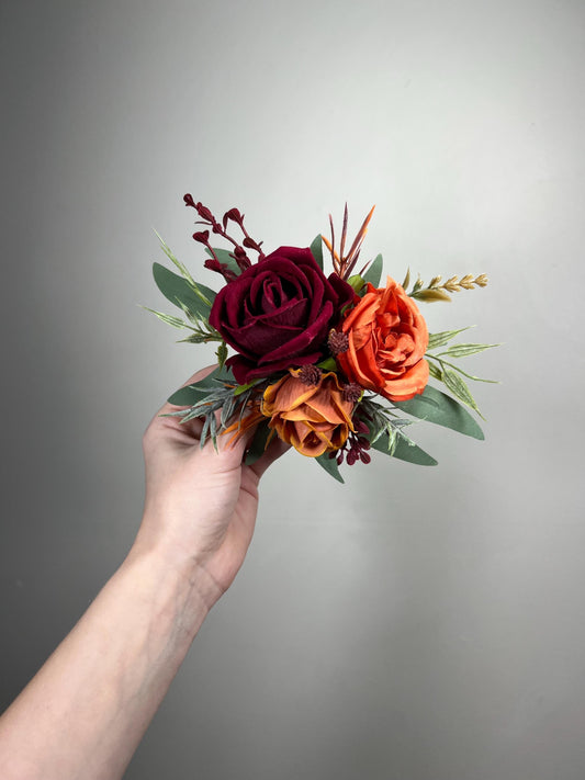 Orange Burgundy Cake Decor Flower Artificial Wedding Terracotta Rust Cake Flower Arrangement Maroon Burnt Orange Sage Green Silk Flower Cake