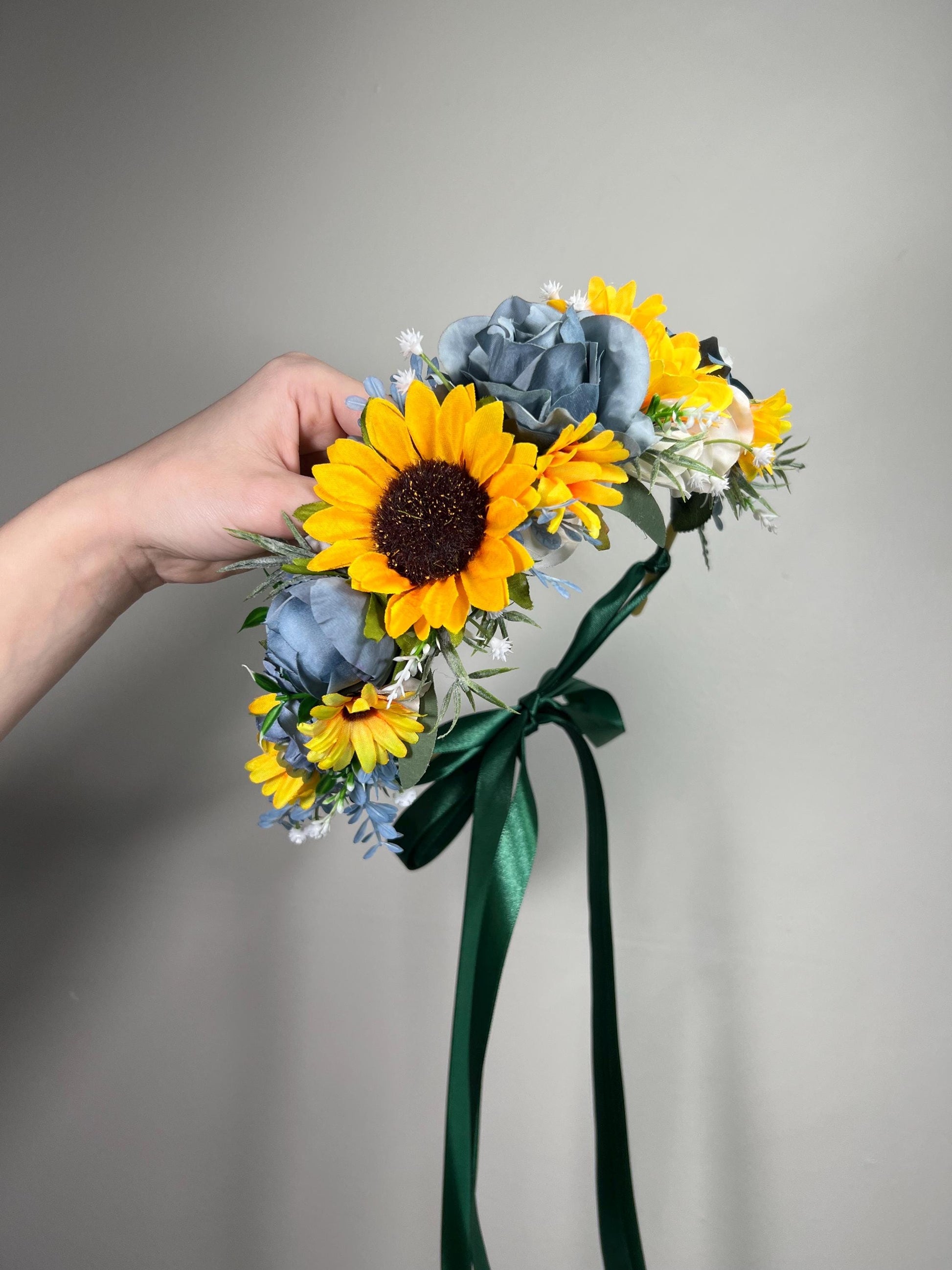 Sunflower Flower Crown Blue Wedding Rustic Yellow Sunflower Flower Crown Bridal Bridesmaids Dusty Blue Baby Breath Artificial Flower White