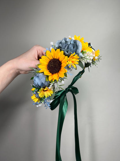 Sunflower Flower Crown Blue Wedding Rustic Yellow Sunflower Flower Crown Bridal Bridesmaids Dusty Blue Baby Breath Artificial Flower White
