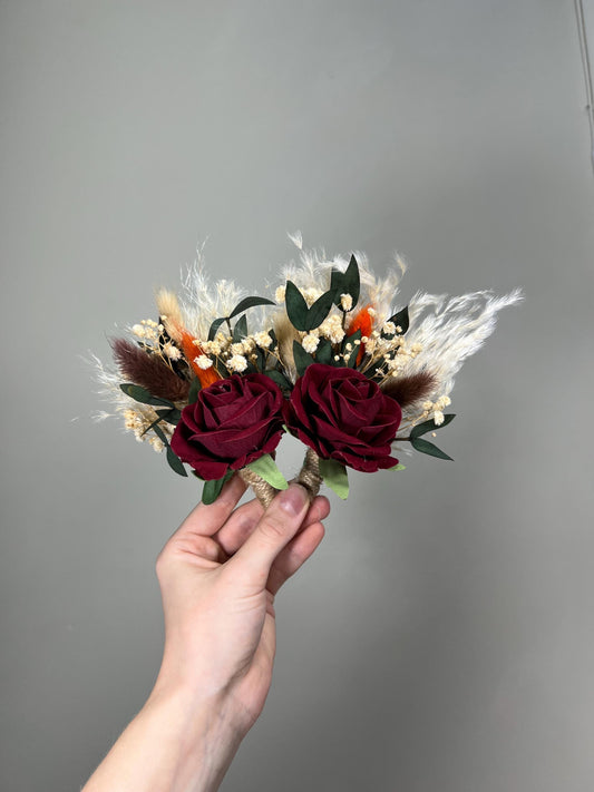 Burgundy Boutonniere Wedding Groom Natural Eucalyptus Preserved Wine Red Groomsmen Boutonniere Pampas Grass Burnt Orange Terracotta Maroon