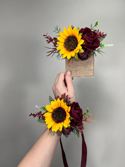 Wedding Sunflower Burgundy Boutonniere Groom Boutonnières Groomsmen Sunflower Boutonnière Maroon Fall Sunflower Yellow Artificial Flowers