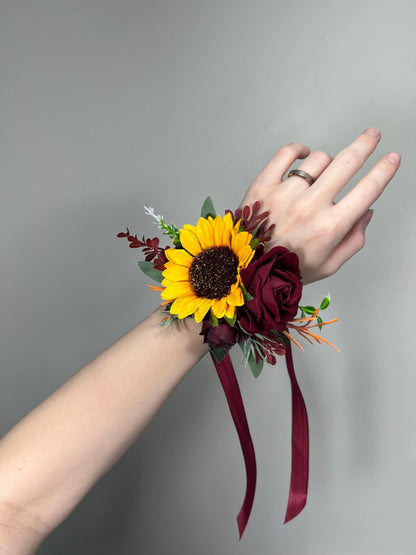 Sunflower Corsage Burgundy Wedding Wrist Mom Corsage Bridesmaids Yellow Sunflower Wine Red Artiticial Flower Fall Sage Green Maroon