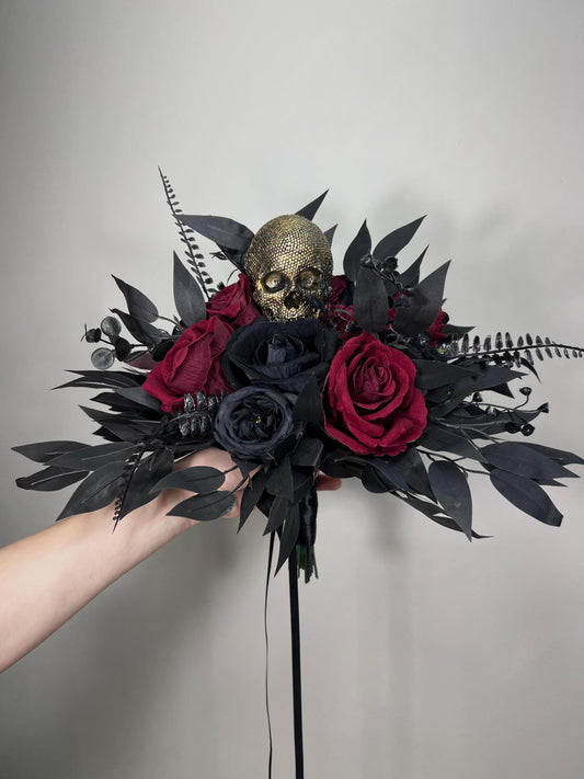 Wedding Bouquet Black Burgundy Skull Bridal Gothic Halloween Bouquet Bridesmaids Black Skull Spooky Maroon Bouquet Artiricial Flowers