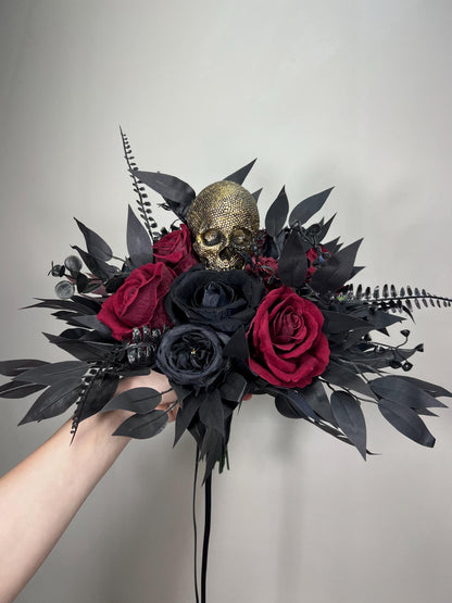 Wedding Bouquet Black Burgundy Skull Bridal Gothic Halloween Bouquet Bridesmaids Black Skull Spooky Maroon Bouquet Artiricial Flowers