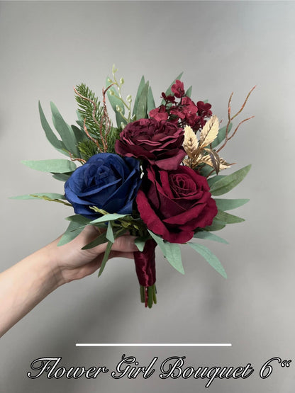 Burgundy & Navy Wedding Bridal Bouquet with Gold Accents Silk and Velvet Flowers
