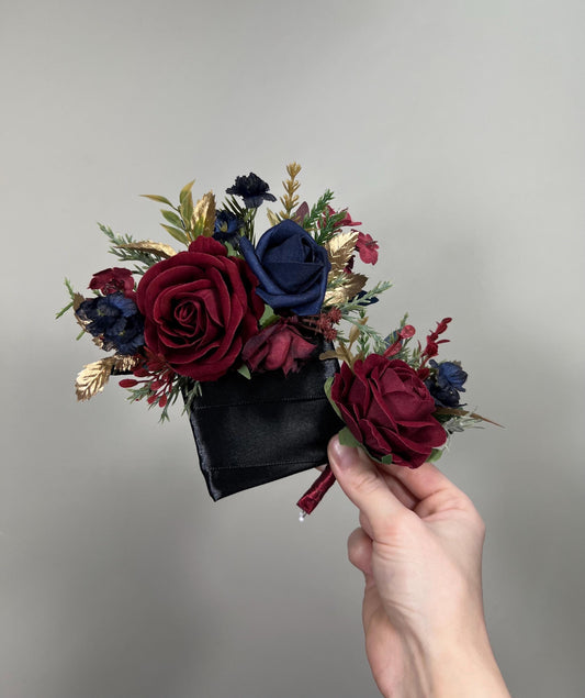 Burgundy Navy Blue Pocket Boutonnière Wedding Winter Square Boutonnière Groom Gold Wine Red Dark Blue Pine Tree Groomsmen Artificial Flower