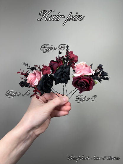 Black Hair Comb Wedding Burgundy Flower Girl Hairpiece Gothic Floral Hair Comb Decorative Black Accessories Dusty Rose Artificial Flower