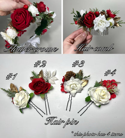 Christmas Cascading Bouquet Bridal Wedding White Red Winter Bouquet Cascade Pine Cones Bridesmaids Ivory Dark Red Gold Artificial Flower