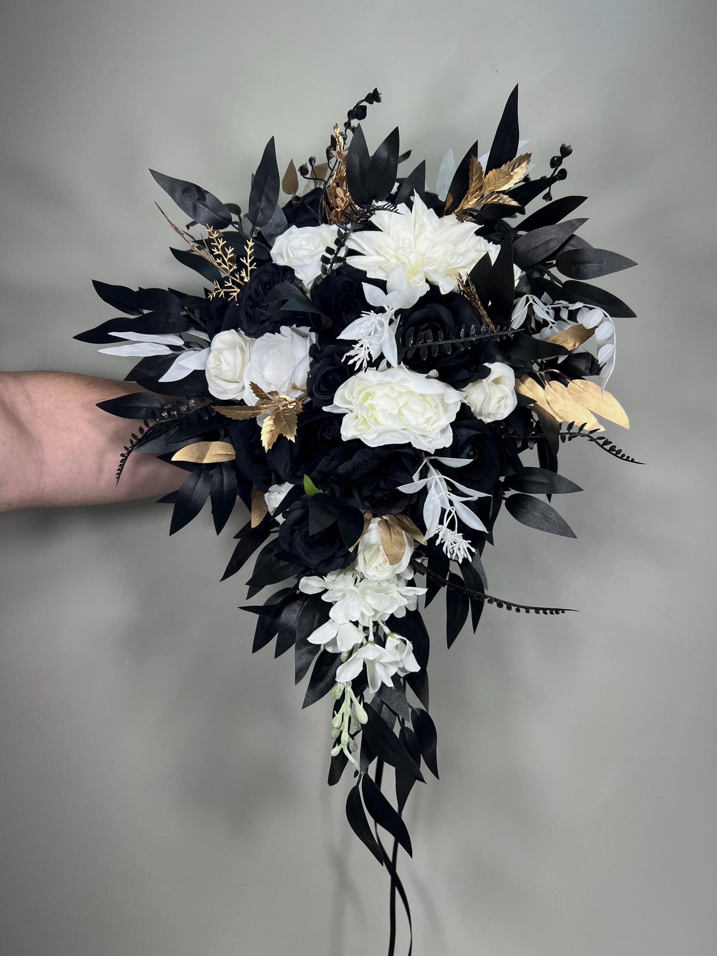 Black White Bouquet Wedding Bridal Gothic Bouquet Cascade Black Gold White Bridesmaids Cascading Bouquet Halloween Artificial Flowers